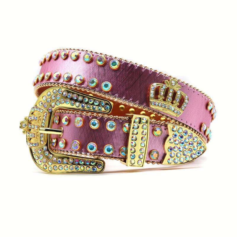 Punk Leather Belt with Crown Rhinestones & Alloy Buckle