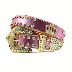 Punk Leather Belt with Crown Rhinestones & Alloy Buckle