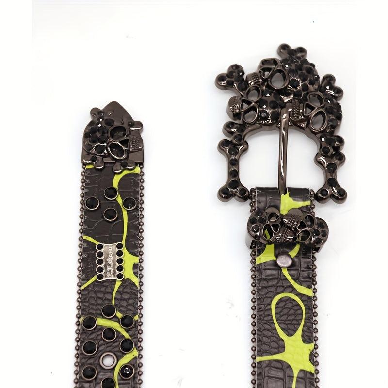 Men's Big Skull Rhinestone Inlaid PU Leather Belt Hip hop Style Buckle