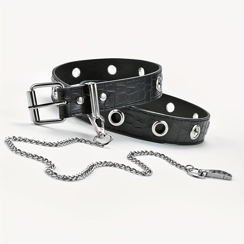 Men's Automatic Buckle Belt With Chain PU Leather Belt Punk Waist Strap