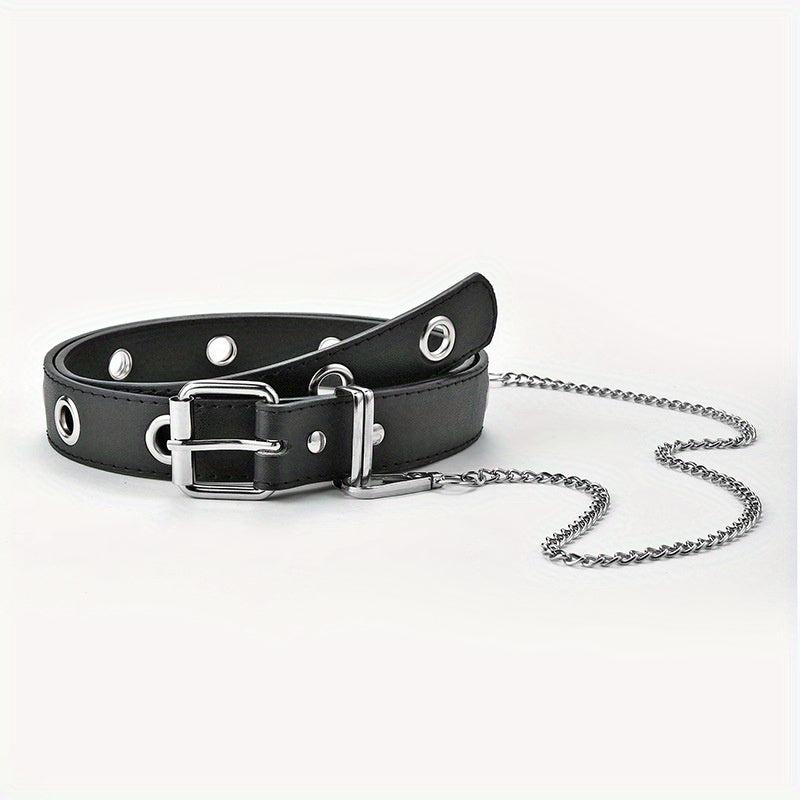Men's Automatic Buckle Belt With Chain PU Leather Belt Punk Waist Strap