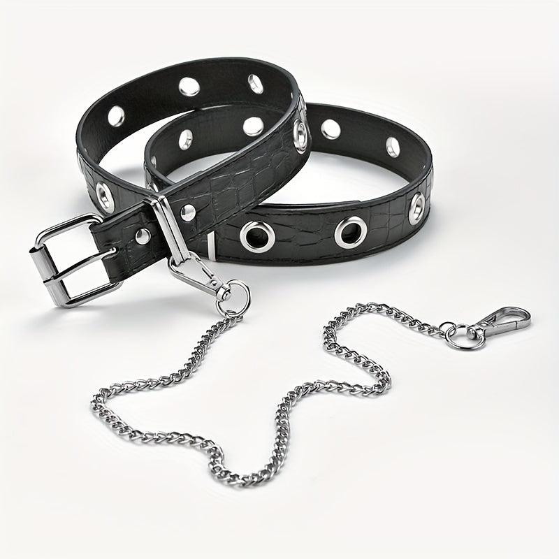 Men's Automatic Buckle Belt With Chain PU Leather Belt Punk Waist Strap