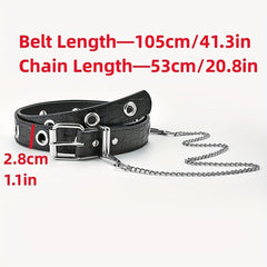 Men's Automatic Buckle Belt With Chain PU Leather Belt Punk Waist Strap