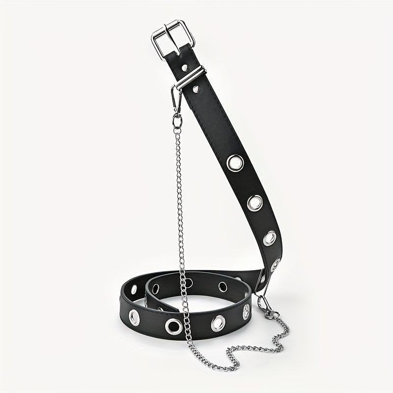 Men's Automatic Buckle Belt With Chain PU Leather Belt Punk Waist Strap