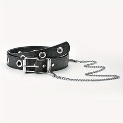 Men's Automatic Buckle Belt With Chain PU Leather Belt Punk Waist Strap