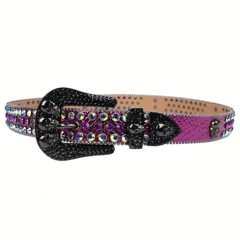 Rhinestone Skull Belt Purple Stone Studded Strap For Dress Jeans