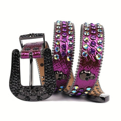 Rhinestone Skull Belt Purple Stone Studded Strap For Dress Jeans