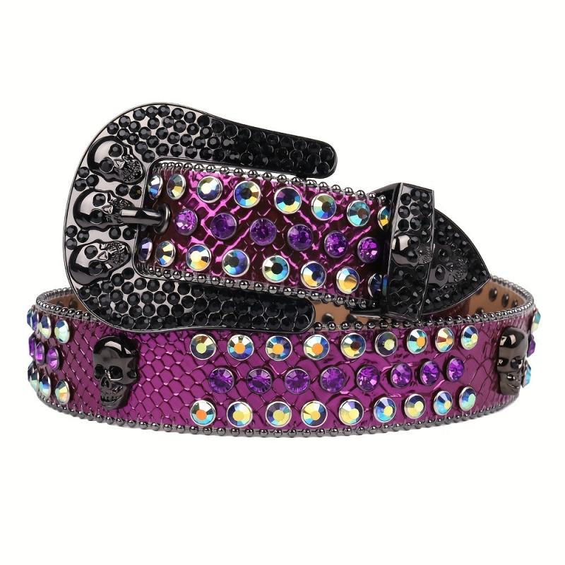 Rhinestone Skull Belt Purple Stone Studded Strap For Dress Jeans
