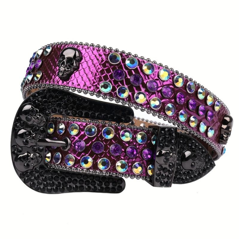 Rhinestone Skull Belt Purple Stone Studded Strap For Dress Jeans