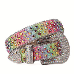 Rainbow Rhinestone Western Cowboy Cowgirl Belt Strap for Jeans Dress