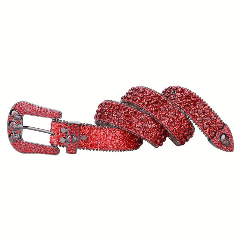 Men's Rhinestone Skull Buckle Belt Crystal Studded Leather Belt