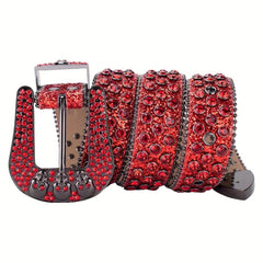 Men's Rhinestone Skull Buckle Belt Crystal Studded Leather Belt