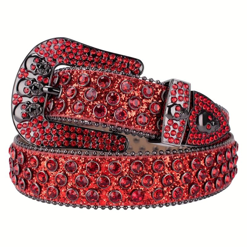 Men's Rhinestone Skull Buckle Belt Crystal Studded Leather Belt
