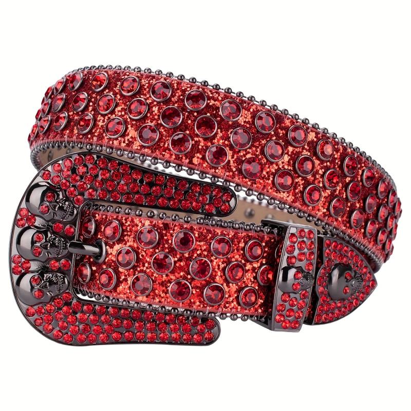 Men's Rhinestone Skull Buckle Belt Crystal Studded Leather Belt