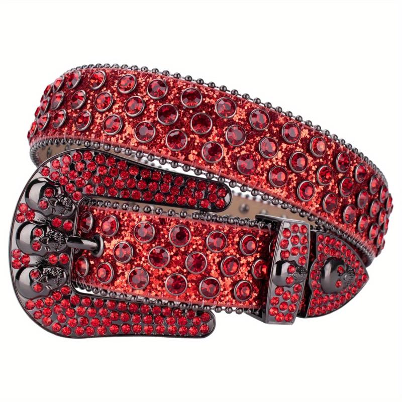 Men's Rhinestone Skull Buckle Belt Crystal Studded Leather Belt
