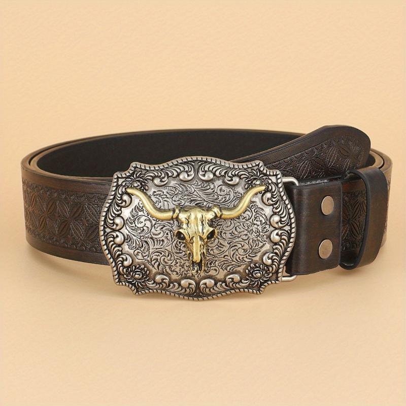 Vintage Coffee Cowboy Belt with Animal Head Buckles