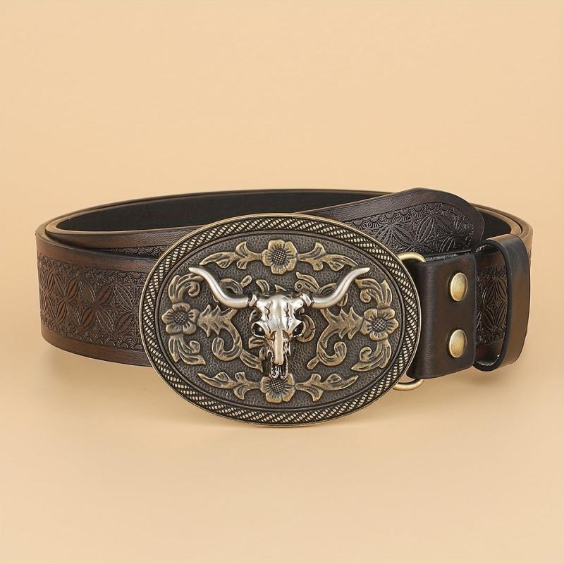 Vintage Coffee Cowboy Belt with Animal Head Buckles