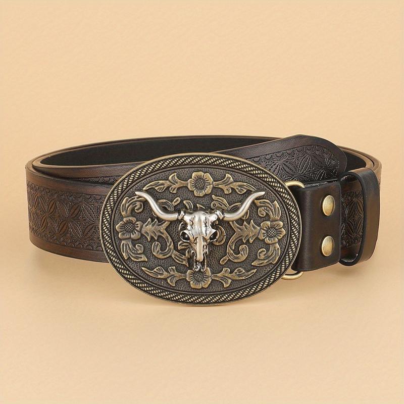 Vintage Coffee Cowboy Belt with Animal Head Buckles