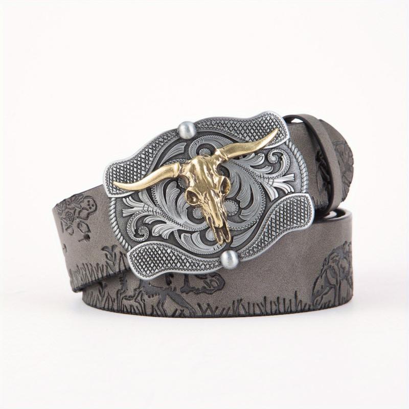 Men's Leather Belt Retro Embossed Western Cowboy Buckle Punk Style Belt