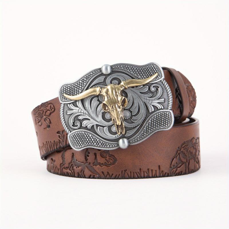 Men's Leather Belt Retro Embossed Western Cowboy Buckle Punk Style Belt