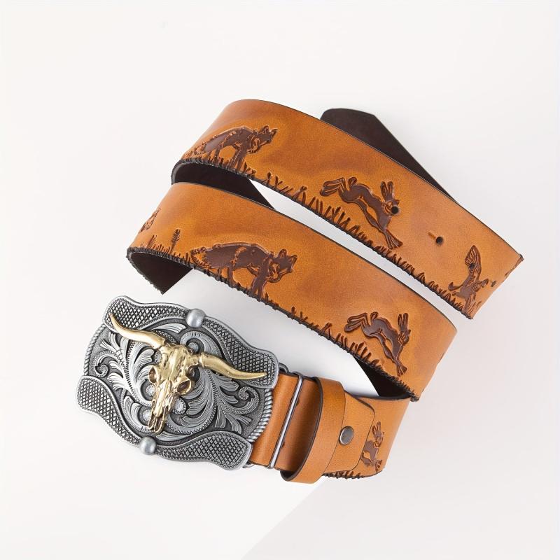 Men's Leather Belt Retro Embossed Western Cowboy Buckle Punk Style Belt