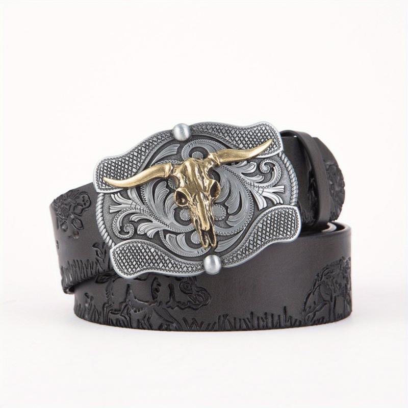 Men's Leather Belt Retro Embossed Western Cowboy Buckle Punk Style Belt