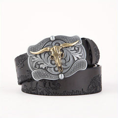 Men's Leather Belt Retro Embossed Western Cowboy Buckle Punk Style Belt