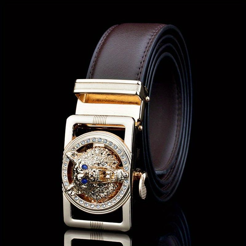 Men's Leather Belt with Wolf Head Buckle