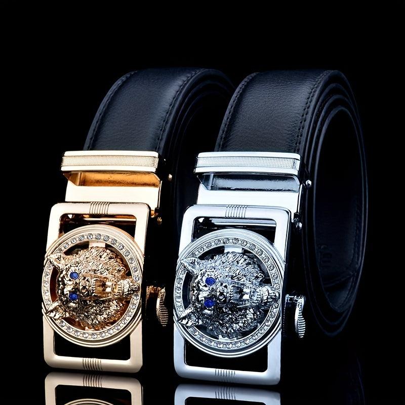 Men's Leather Belt with Wolf Head Buckle