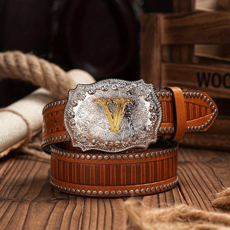 Men's Letter Alloy Pin Buckle PU Striped Belt Accessory
