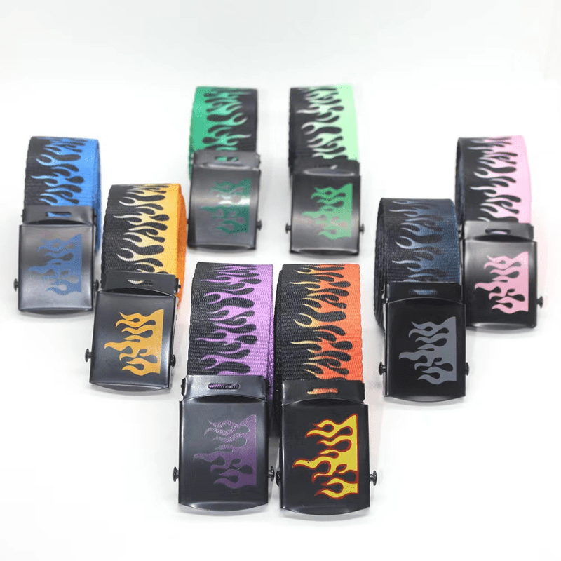 Flame Belt Fire Pattern Canvas Leather Colorful Hip Hop Hell