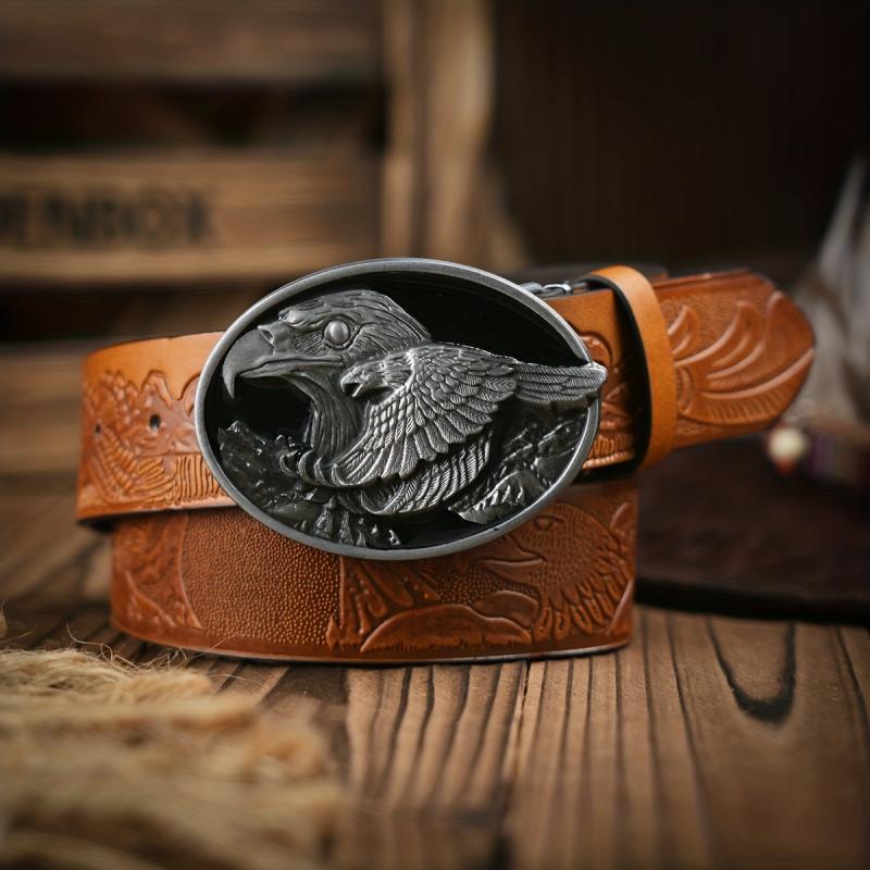Men's Vintage Western Style Dress Belt with Eagle Buckle