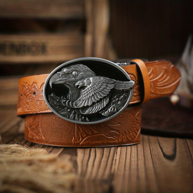 Men's Vintage Western Style Dress Belt with Eagle Buckle