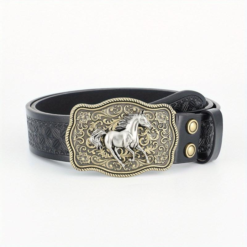 Western Cowboy Belt For Men Retro Running Horse Pattern Buckle Belts