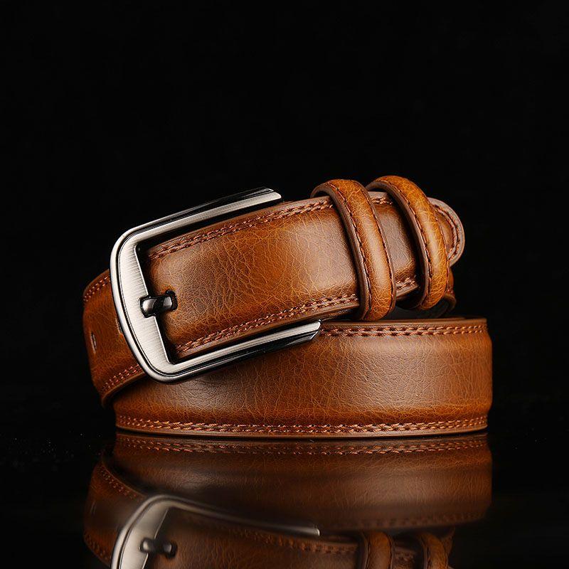 Men's Two Layer Cowhide Belt Punch Pin Buckle Hard Cowboy Pants Belt