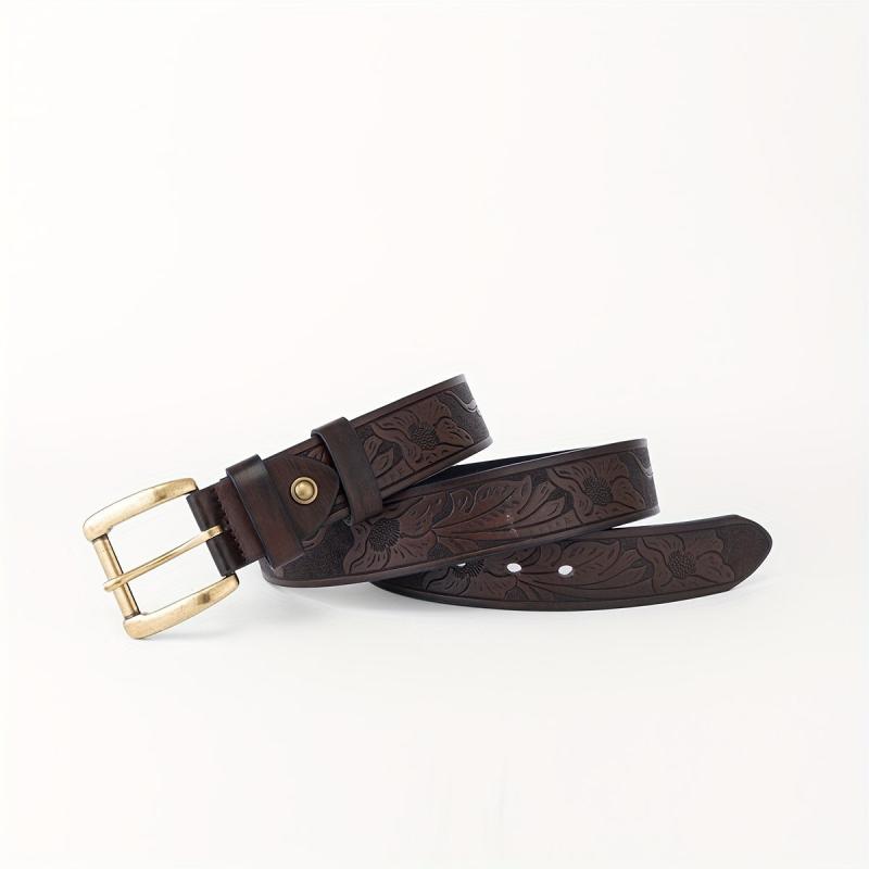 Floral Pattern Belt Western Cowboy Leather Vintage Belt For Men