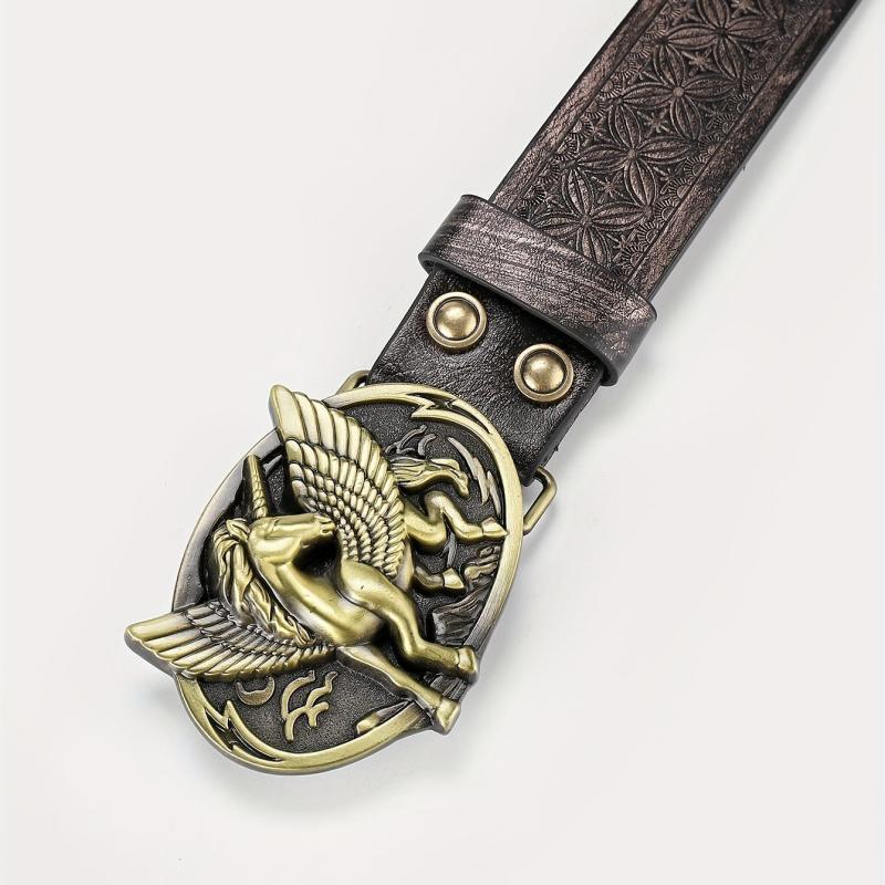 Men's Winged Horse Belt PU Floral Casual Jeans Western Cowboy Waist Strap