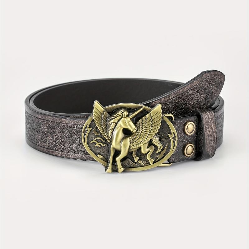 Men's Winged Horse Belt PU Floral Casual Jeans Western Cowboy Waist Strap