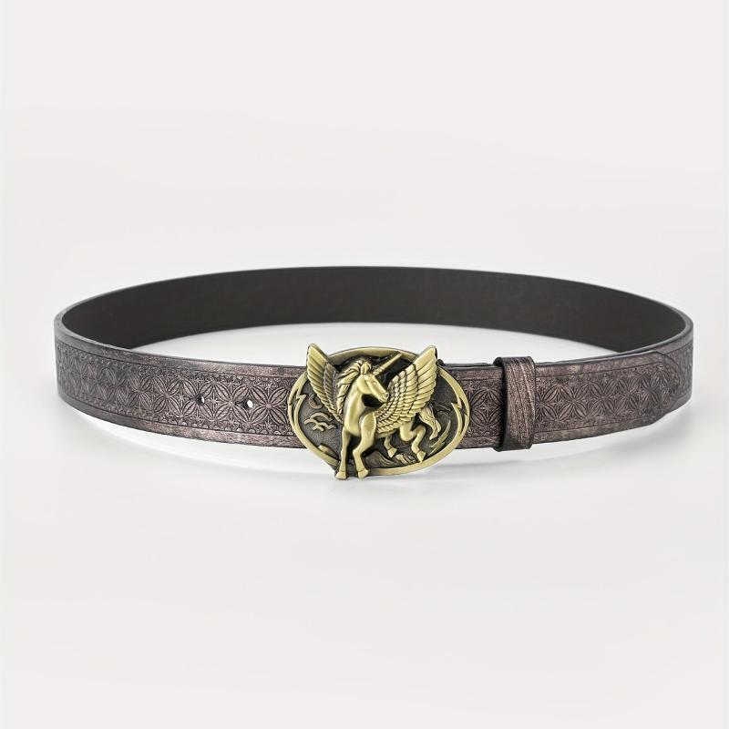 Men's Winged Horse Belt PU Floral Casual Jeans Western Cowboy Waist Strap