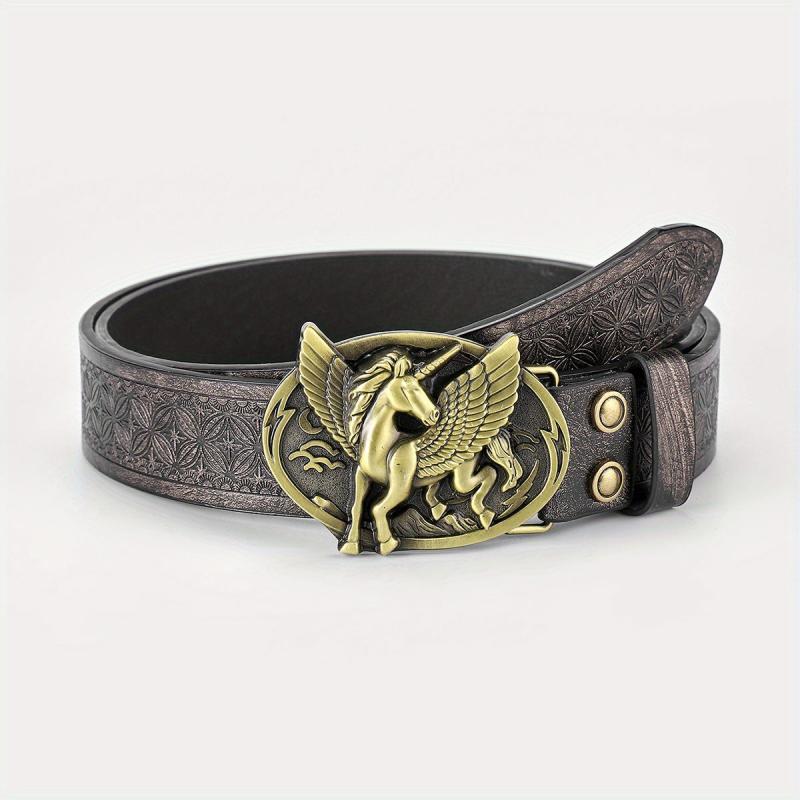 Men's Winged Horse Belt PU Floral Casual Jeans Western Cowboy Waist Strap