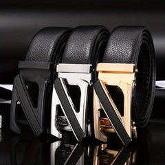 Men's PU Leather Belt Automatic Buckle Lychee Pattern Business Casual Wear