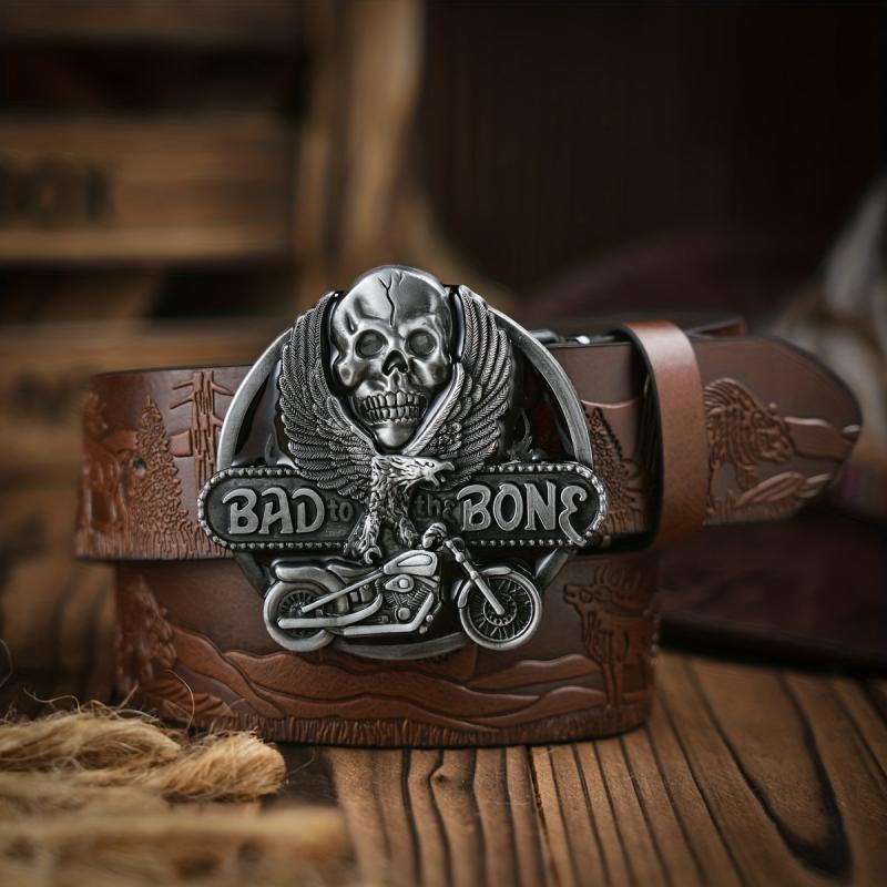 Men's Casual Skull Buckle PU Leather Belt Vintage Western Style Dress Belt