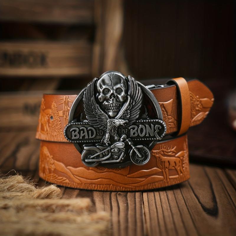 Men's Casual Skull Buckle PU Leather Belt Vintage Western Style Dress Belt