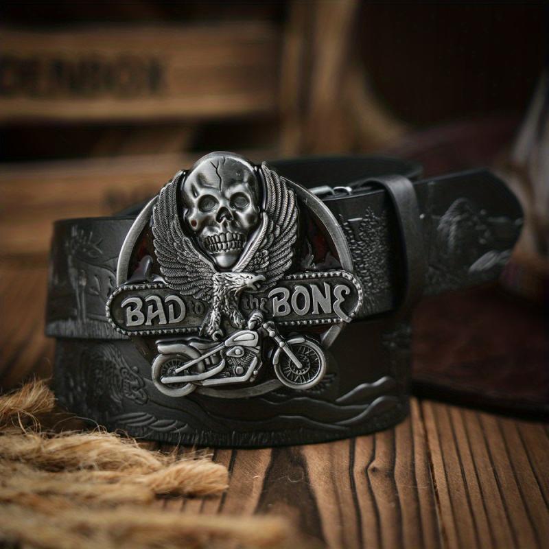 Men's Casual Skull Buckle PU Leather Belt Vintage Western Style Dress Belt
