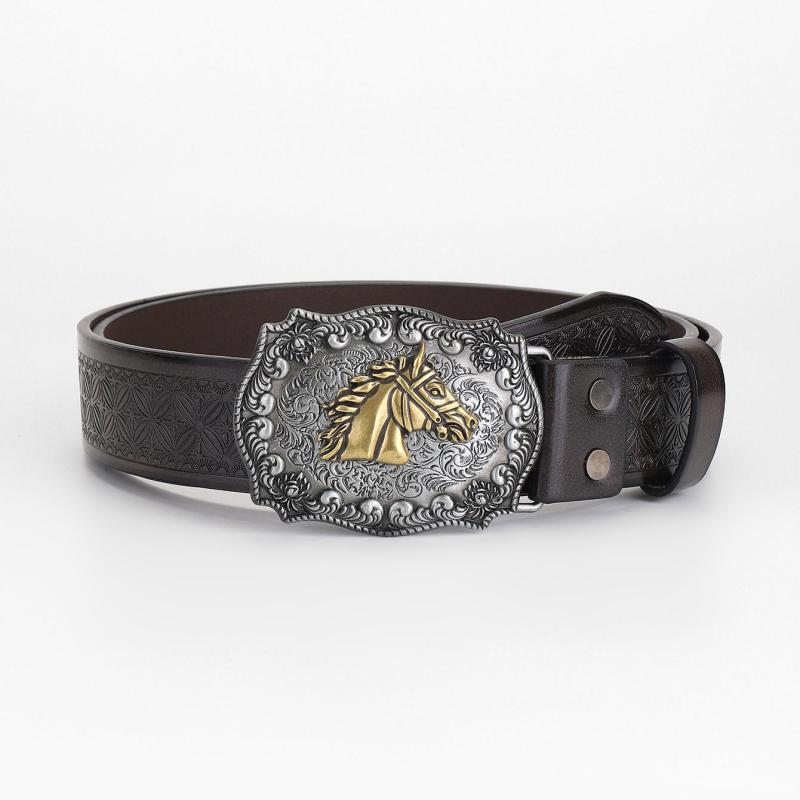 Men's Leather Belt Horse Head Buckle Floral Engraved Pattern