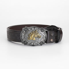 Men's Leather Belt Horse Head Buckle Floral Engraved Pattern