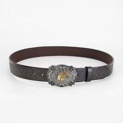 Men's Leather Belt Horse Head Buckle Floral Engraved Pattern