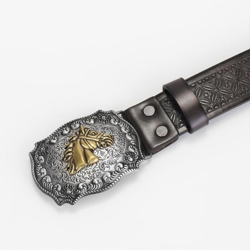 Men's Leather Belt Horse Head Buckle Floral Engraved Pattern