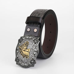 Men's Leather Belt Horse Head Buckle Floral Engraved Pattern