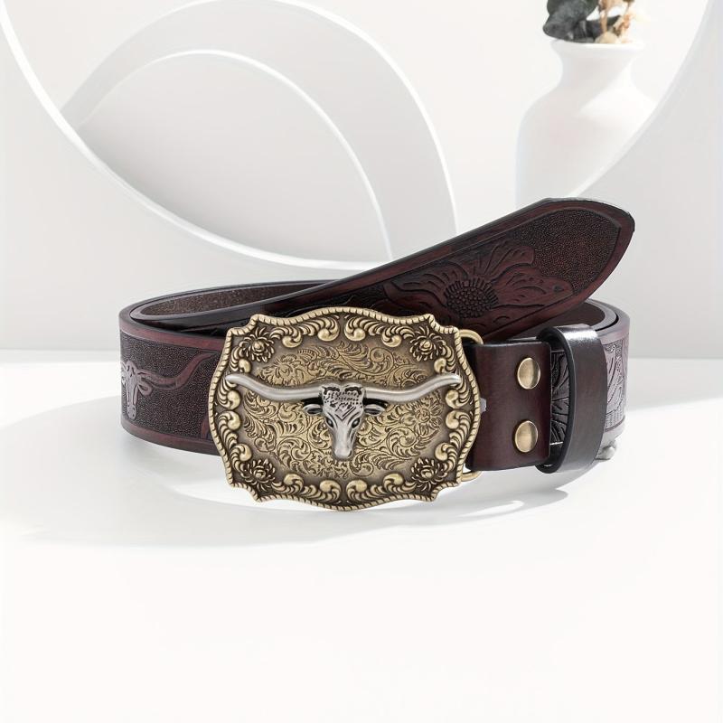 Men's Burgundy Western Cowboy Vintage Buckle Belt